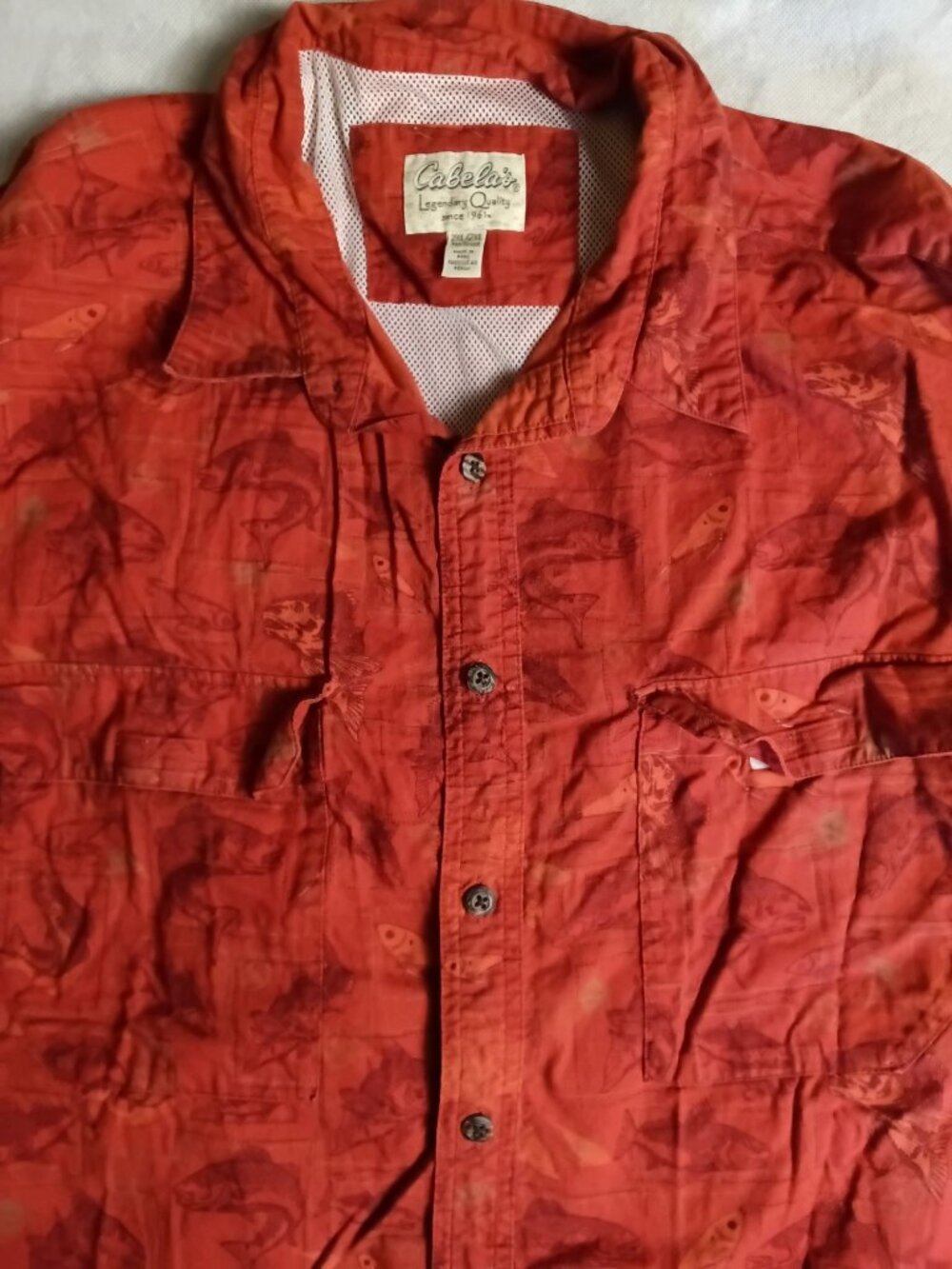 Cabelas Vented Button Front Shirt 2XL Tall Fish Pattern Short Sleeve